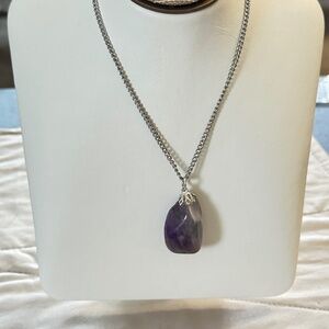 Silver Tone & Amethyst Pendant Genuine Oval Stone Chain Has Screw Clasp